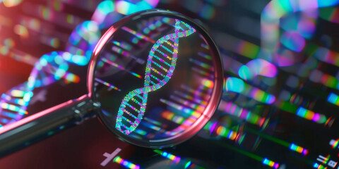 A magnifying glass showing DNA double helix , representing the study and exploration of DNA structure	
 - obrazy, fototapety, plakaty