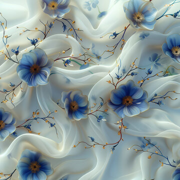 3D rendering of a seamless repeating texture of white silk fabric with a floral pattern, done in a hyper-realistic style.