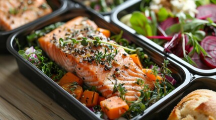 Ready-to-eat meal prep containers featuring herb-crusted salmon, sweet potatoes, and fresh greens for a balanced meal.