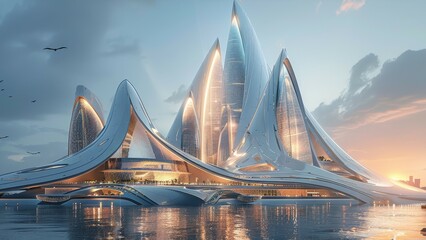 A futuristic building with a lot of windows and a large tower. The building is lit up at night and has a lot of glass - obrazy, fototapety, plakaty