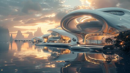 A futuristic building with a large glass facade sits on a lake. The building is surrounded by water and mountains in the background. The scene has a serene and peaceful mood - obrazy, fototapety, plakaty