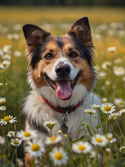 A happy smiling dog on a flower meadow