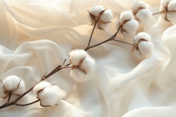 Elegant Cotton Bolls on White Fabric background