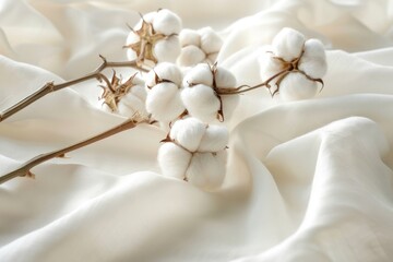 Elegant Cotton Bolls on White Fabric background - obrazy, fototapety, plakaty
