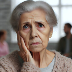 Elderly woman with a worried look. She expresses nervousness, insecurity, lack of confidence, even fear. 
Concept of mental health and well-being of older people. - obrazy, fototapety, plakaty