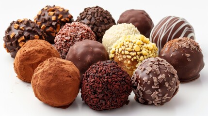 A row of chocolate truffles with different toppings. The truffles are arranged in a circle on a white background