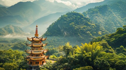 A traditional Chinese pagoda set against a backdrop of lush mountains. 
