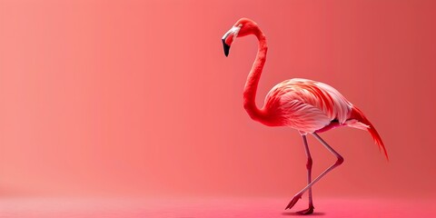 a graceful flamingo character standing on one leg in a balanced poised pose against a vibrant blush