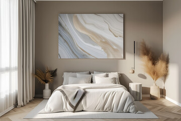 Modern contemporary bedroom interior in lignt colors with a marble painting on the wall. Interior design visualization