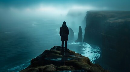 Solitary Wanderer Gazing at Dramatic Misty Seascape from Rugged Coastal Cliffside - obrazy, fototapety, plakaty