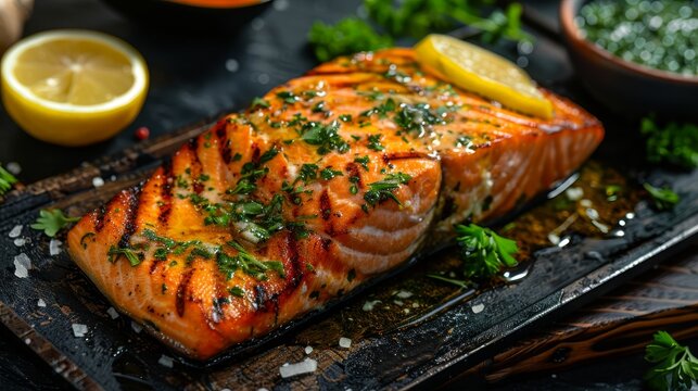 A piece of salmon is sitting on a wooden cutting board with a lemon wedge on top. The salmon is garnished with parsley and he is cooked to perfection. Concept of freshness and healthiness