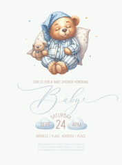 Cute baby shower watercolor invitation card with sleeping bear.