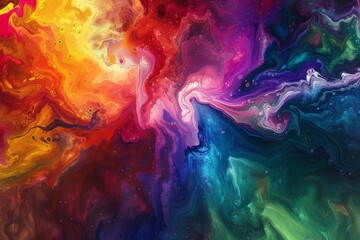   A multicolored abstract painting features a bottom layer filled with water droplets The palette includes oranges, reds, yellows, blues, greens, purples, - obrazy, fototapety, plakaty