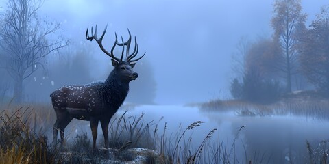 Majestic Deer Silhouetted in Misty Forest Glade Peaceful Nature Scenery with Copy Space - obrazy, fototapety, plakaty