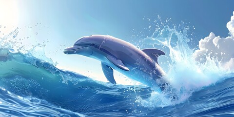 Graceful Dolphin Leaping Above Crashing Waves in Tropical Seascape