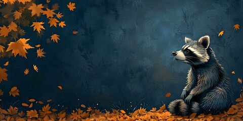 A curious raccoon character rummaging in the moonlit forest leaves swirling around its furry frame as it explores the mysterious autumn night - obrazy, fototapety, plakaty