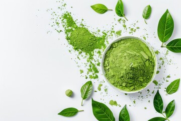 Explosive matcha tea mockup with flavored powder and kratom leafs on white background