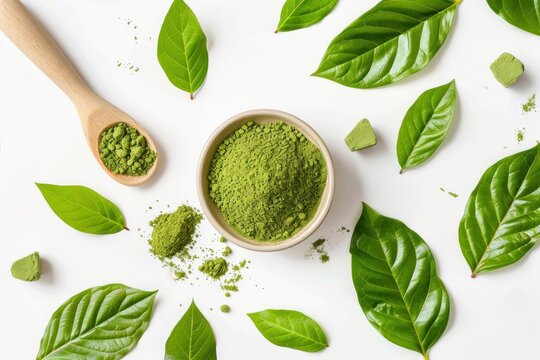 Explosive matcha tea mockup with flavored powder and kratom leafs on white background
