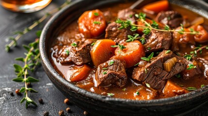 A bowl of stew with meat and carrots. The stew is brown and has a rich, hearty flavor. The carrots are cooked and tender, and the meat is tender and juicy. The bowl is placed on a table