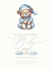 Cute baby shower watercolor invitation card with sleeping bear.