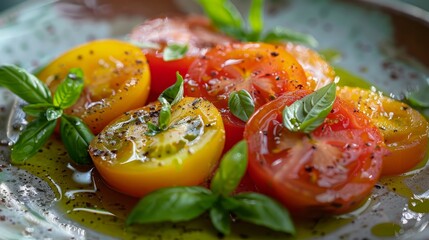 A plate of tomatoes with basil and olive oil. The tomatoes are sliced and arranged in a way that they look fresh and appetizing. The basil leaves add a pop of color