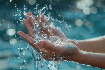 Female hands catching clean water splash. Fresh Water Splashes in Woman's Hands