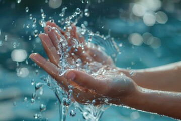 Fototapeta premium Female hands catching clean water splash. Fresh Water Splashes in Woman's Hands
