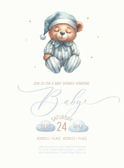 Cute baby shower watercolor invitation card with sleeping bear.