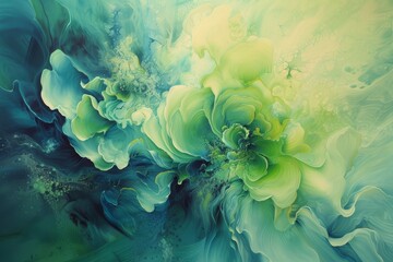   A painting of green and yellow flowers against a backdrop of blue and green, featuring white swirls at image bottom