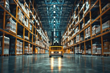 Forklift doing storage in warehouse by artificial intelligence automation. Robotics applied to industrial logistics - obrazy, fototapety, plakaty