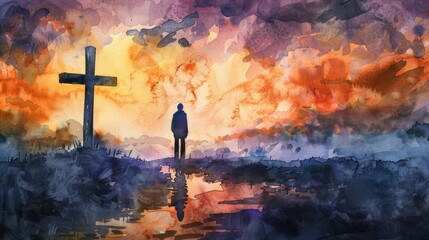 Watercolor artwork of a man in silent prayer before a cross, hues of dawn painting the scene