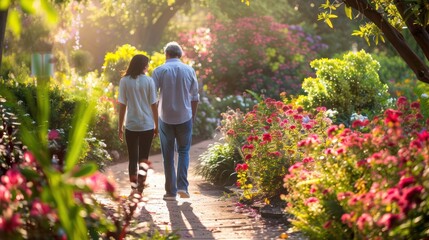 A romantic stroll through a garden with flowers blooming to celebrate an anniversary. 