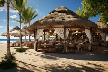 the beach club area full of bungalows made out of bamboos inspiration ideas