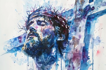 Jesus at Golgotha with the cross, depicted in poignant watercolor strokes