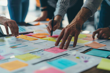 A group of people are working on a project together. They are using sticky notes to brainstorm ideas and are writing on them with pens. Scene is collaborative and creative - 773305169