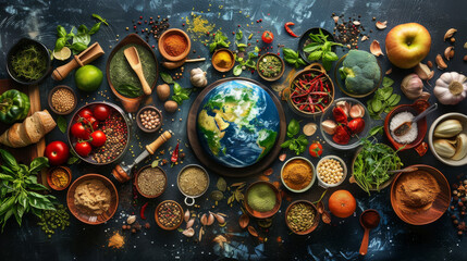 World Food Day, Earth globe at the heart of a variety of food, spices, and cooking utensils, highlighting the global diversity and flavors of international cuisine. - 773305184