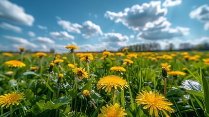 Obraz premium Yellow dandelions on a sunny meadow in springtime.