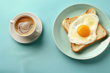 Fried egg, wheat bread toast, cup of coffee. Creative composition of healthy breakfast on color background