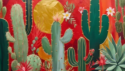 Wandcirkels aluminium Cactus painting with golden lines © Salwa