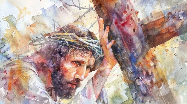 Jesus carrying the cross, watercolor expression of divine endurance and love