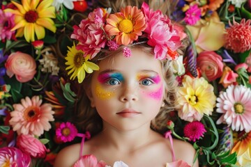 full body beautiful kid with colourful makeup surrounded by flowers
