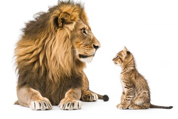 full body lion looking at a little kitten Isolated on white background - obrazy, fototapety, plakaty