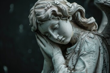 funeral background, beautiful angel sculpture on black background with copy space