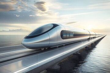 Fototapeta premium futuristic bullet train or hyperloop ultrasonic train with full self driving system activated for fast transportation