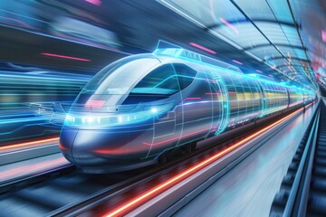 Fototapeta na wymiar futuristic bullet train or hyperloop ultrasonic train with full self driving system activated for fast transportation