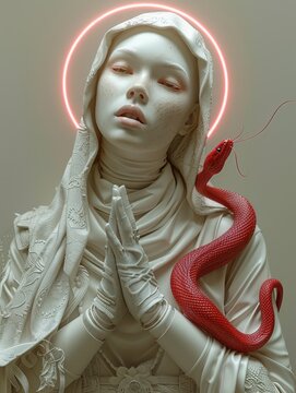 Nun religious robot of the future in cyberpunk style, neon light, cross crucifix, nimbus, praying to Jesus