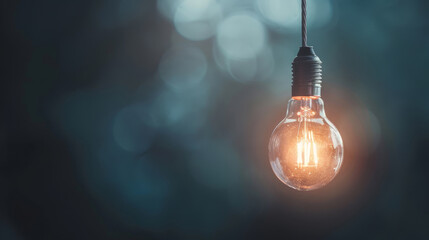 A light bulb hanging from a rope. Inspiration and solution concept. - obrazy, fototapety, plakaty