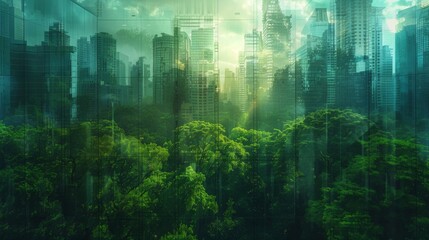 Double exposure of green trees and skyscrapers in the city.