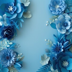 Fototapeta na wymiar Blue paper flowers background with space for text or greeting card design