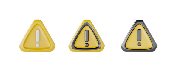 Exclamation point road sign 3D vector set, volume danger hazard attention, warning yellow triangular restricted signal